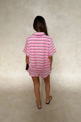 Jagger Towelling Shirt Pink Stripe by Sneaky Link – a relaxed cotton shirt with soft towelling texture. Perfect for summer styling.