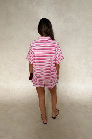 Jagger Towelling Shirt Pink Stripe by Sneaky Link – a relaxed cotton shirt with soft towelling texture. Perfect for summer styling.