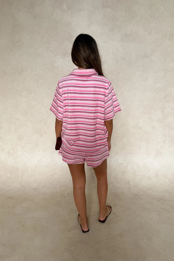 Jagger Towelling Shirt Pink Stripe by Sneaky Link – a relaxed cotton shirt with soft towelling texture. Perfect for summer styling.