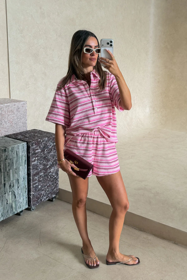 Jagger Towelling Shirt Pink Stripe by Sneaky Link – a relaxed cotton shirt with soft towelling texture. Perfect for summer styling.