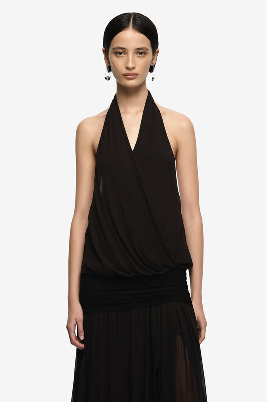 Jasmin Halter Dress Black by Bec + Bridge, halter maxi dress with ruched waist and draped detail. Perfect for events or elegant evening looks.
