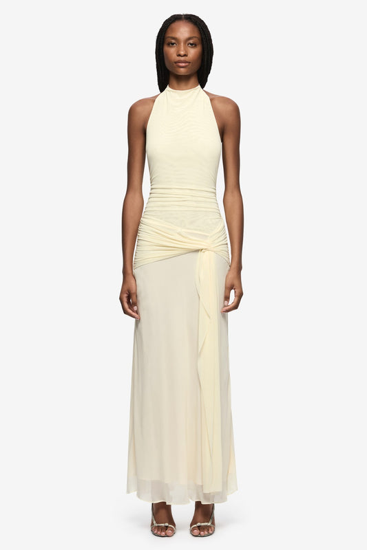 Jasmin Halter Dress Lemon Sorbet by Bec + Bridge, halter maxi dress with ruched waist and draped detail. Perfect for events or elegant summer looks.