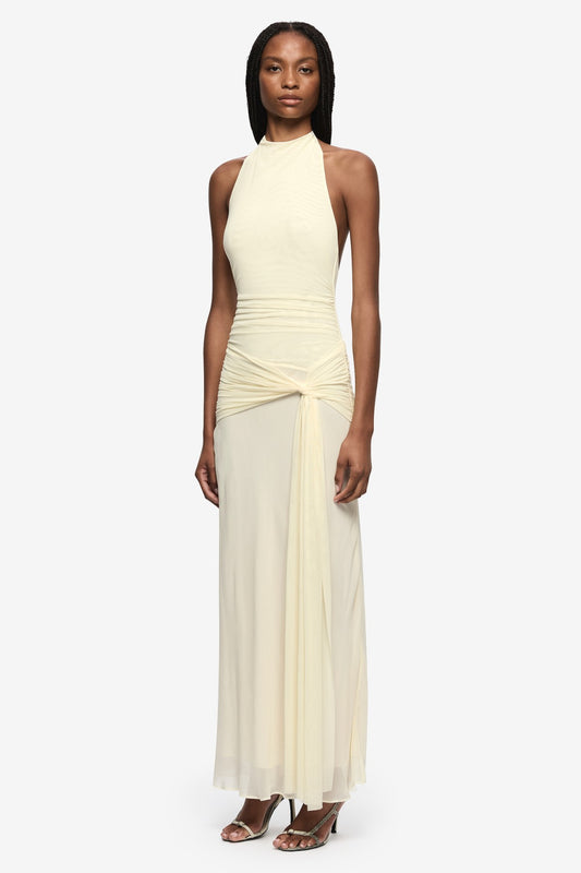 Jasmin Halter Dress Lemon Sorbet by Bec + Bridge, halter maxi dress with ruched waist and draped detail. Perfect for events or elegant summer looks.