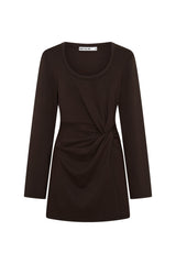 Jaz Long Sleeve Knot Mini Dress in Chocolate with a soft front knot, sculpted waist, and gentle ruching that creates a smooth, body hugging silhouette in a rich, elevated finish.