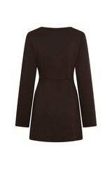 Jaz Long Sleeve Knot Mini Dress in Chocolate with a soft front knot, sculpted waist, and gentle ruching that creates a smooth, body hugging silhouette in a rich, elevated finish.