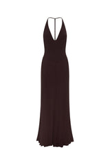 Jaz V Neck Maxi Dress in chocolate brown with short sleeves and a flowing, floor-length silhouette.