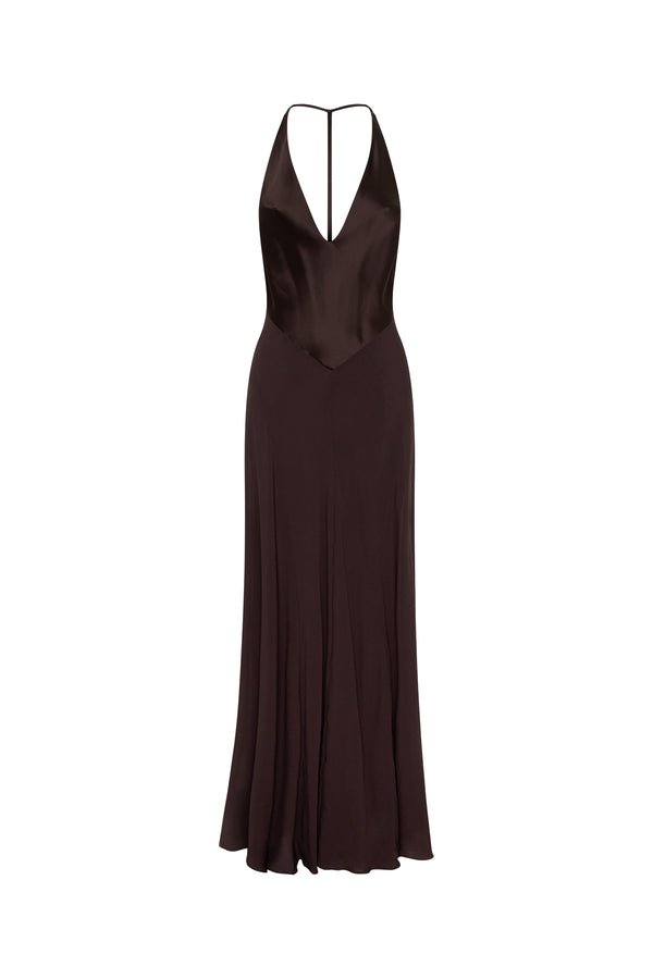 Jaz V Neck Maxi Dress in chocolate brown with short sleeves and a flowing, floor-length silhouette.