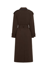Jaz Contrast Double Breasted Trench Coat Chocolate by Sneaky Link – a trench with denim panels and tie waist. Perfect for elevated styling.