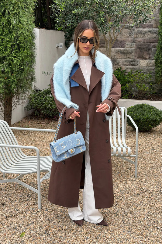 Jaz Contrast Double Breasted Trench Coat Chocolate by Sneaky Link – a trench with denim panels and tie waist. Perfect for elevated styling.