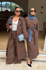 Jaz Contrast Double Breasted Trench Coat Chocolate by Sneaky Link – a trench with denim panels and tie waist. Perfect for elevated styling.