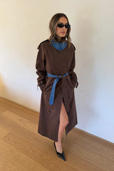 Jaz Contrast Double Breasted Trench Coat Chocolate by Sneaky Link – a trench with denim panels and tie waist. Perfect for elevated styling.
