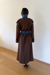 Jaz Contrast Double Breasted Trench Coat Chocolate by Sneaky Link – a trench with denim panels and tie waist. Perfect for elevated styling.