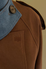 Jaz Contrast Double Breasted Trench Coat Chocolate by Sneaky Link – a trench with denim panels and tie waist. Perfect for elevated styling.