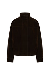 Jaz Faux Suede Funnel Neck Jacket in Chocolate with a high funnel neckline and soft suede finish, creating a structured, relaxed silhouette with a clean, elevated feel.