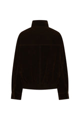 Jaz Faux Suede Funnel Neck Jacket in Chocolate with a high funnel neckline and soft suede finish, creating a structured, relaxed silhouette with a clean, elevated feel.