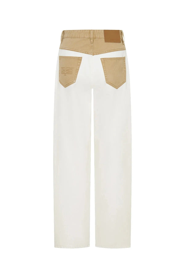 Jaz Hand Baggy Jean White/Beige by Sneaky Link, a crisp white denim jean with contrast beige waist and pocket detail. Perfect for off-duty styling.
