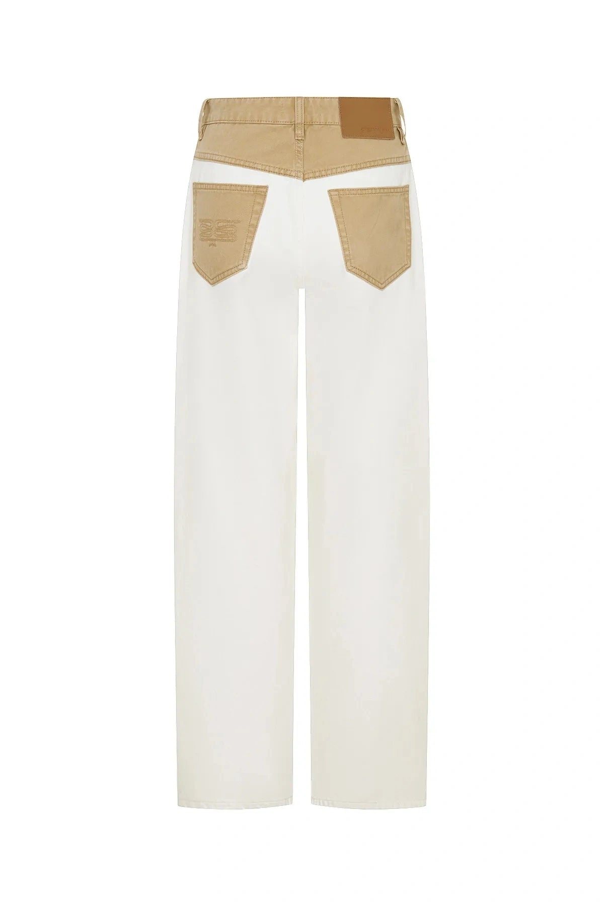 Jaz Hand Baggy Jean White/Beige by Sneaky Link, a crisp white denim jean with contrast beige waist and pocket detail. Perfect for off-duty styling.
