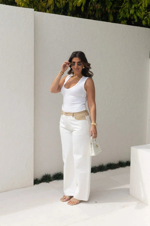 Jaz Hand Baggy Jean White/Beige by Sneaky Link, a crisp white denim jean with contrast beige waist and pocket detail. Perfect for off-duty styling.
