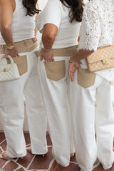 Jaz Hand Baggy Jean White/Beige by Sneaky Link, a crisp white denim jean with contrast beige waist and pocket detail. Perfect for off-duty styling.
