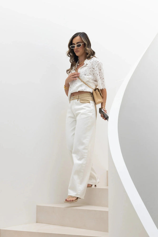 Jaz Hand Baggy Jean White/Beige by Sneaky Link, a crisp white denim jean with contrast beige waist and pocket detail. Perfect for off-duty styling.
