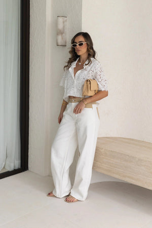 Jaz Hand Baggy Jean White/Beige by Sneaky Link, a crisp white denim jean with contrast beige waist and pocket detail. Perfect for off-duty styling.
