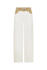 Jaz Hand Baggy Jean White/Beige by Sneaky Link, a crisp white denim jean with contrast beige waist and pocket detail. Perfect for off-duty styling.
