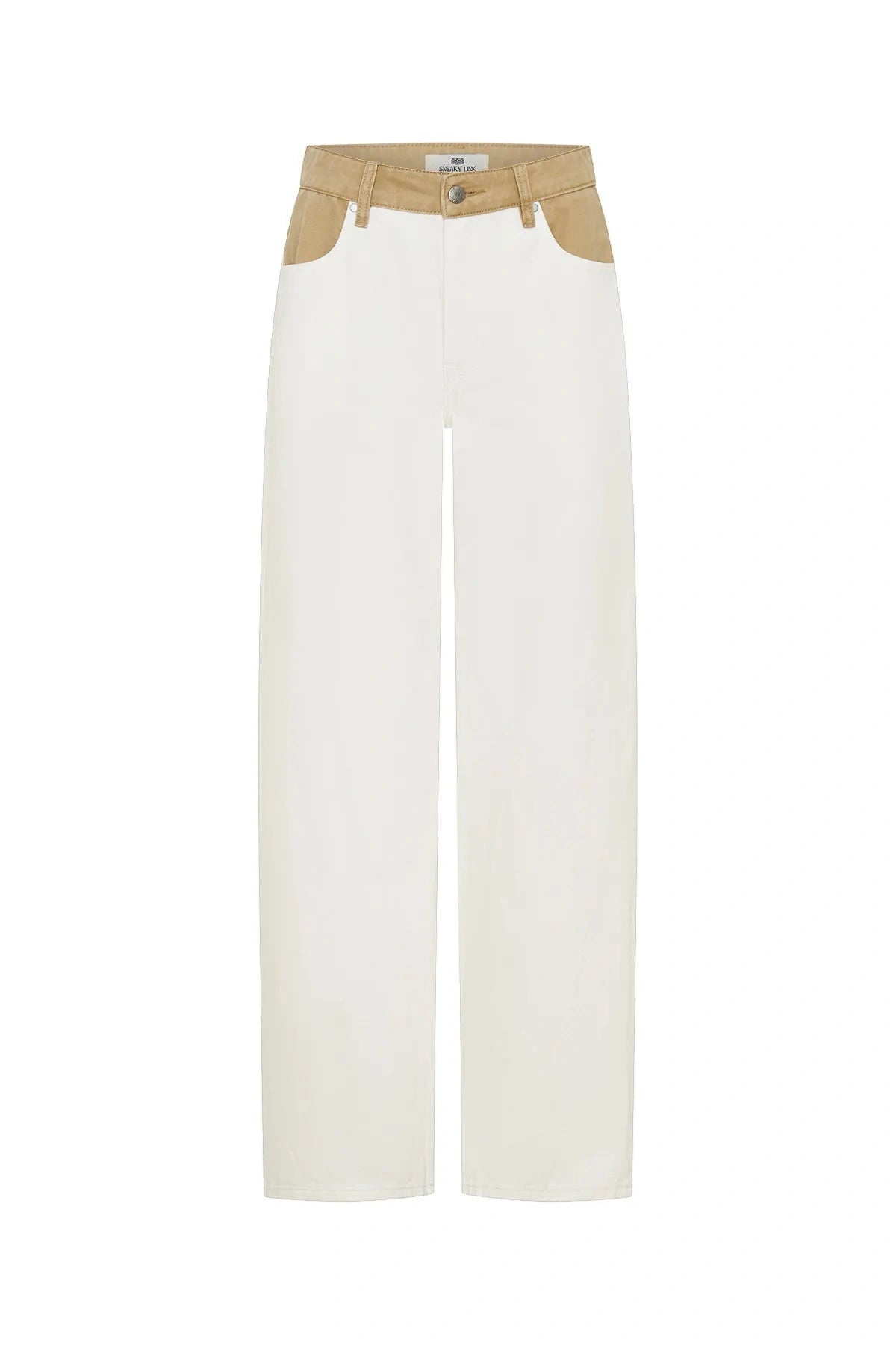 Jaz Hand Baggy Jean White/Beige by Sneaky Link, a crisp white denim jean with contrast beige waist and pocket detail. Perfect for off-duty styling.
