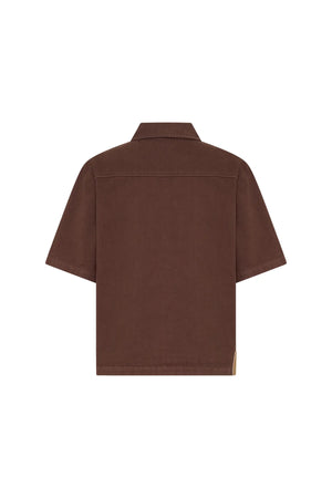 Jaz Hand Denim Shirt Chocolate by Sneaky Link – a button-up denim shirt with collar and short sleeves. Perfect for elevated styling.