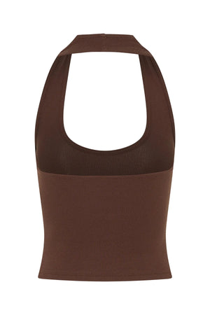 Jaz Hand Halter Tank Chocolate by Sneaky Link, a sculpted halter silhouette with stretch cotton fit. Perfect for everyday summer layering.
