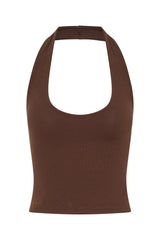 Jaz Hand Halter Tank Chocolate by Sneaky Link, a sculpted halter silhouette with stretch cotton fit. Perfect for everyday summer layering.
