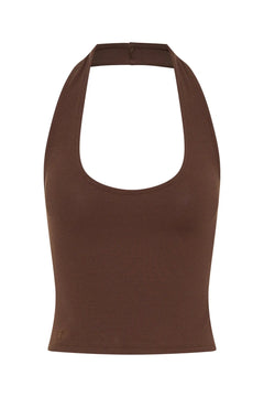 Jaz Hand Halter Tank Chocolate by Sneaky Link, a sculpted halter silhouette with stretch cotton fit. Perfect for everyday summer layering.
