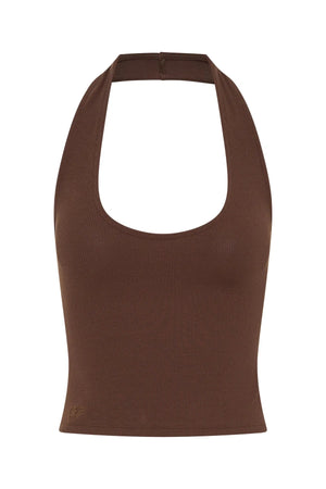 Jaz Hand Halter Tank Chocolate by Sneaky Link, a sculpted halter silhouette with stretch cotton fit. Perfect for everyday summer layering.
