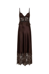 Jaz Hand Lace Maxi Dress Chocolate by Sneaky Link – a silk-blend maxi with lace panels and fluid drape. Perfect for evening events.