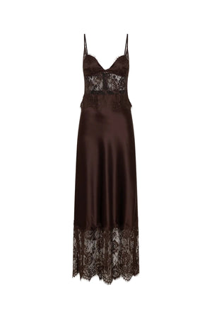 Jaz Hand Lace Maxi Dress Chocolate by Sneaky Link – a silk-blend maxi with lace panels and fluid drape. Perfect for evening events.