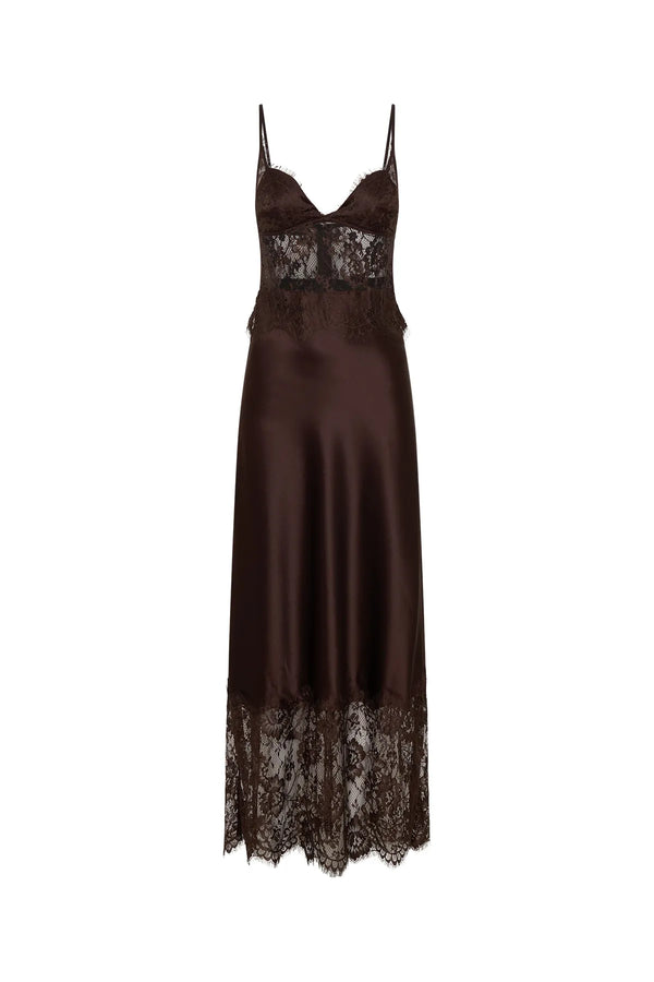 Jaz Hand Lace Maxi Dress Chocolate by Sneaky Link – a silk-blend maxi with lace panels and fluid drape. Perfect for evening events.