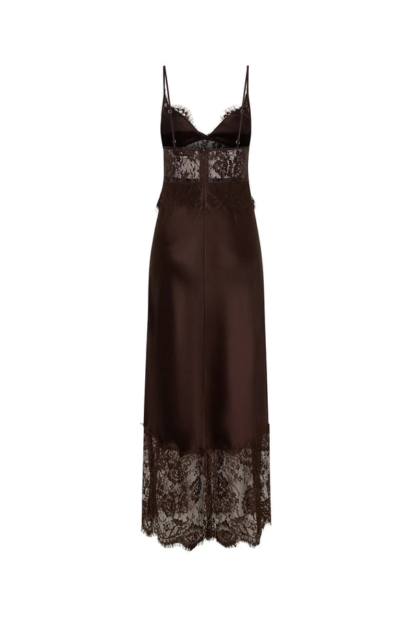 Jaz Hand Lace Maxi Dress Chocolate by Sneaky Link – a silk-blend maxi with lace panels and fluid drape. Perfect for evening events.