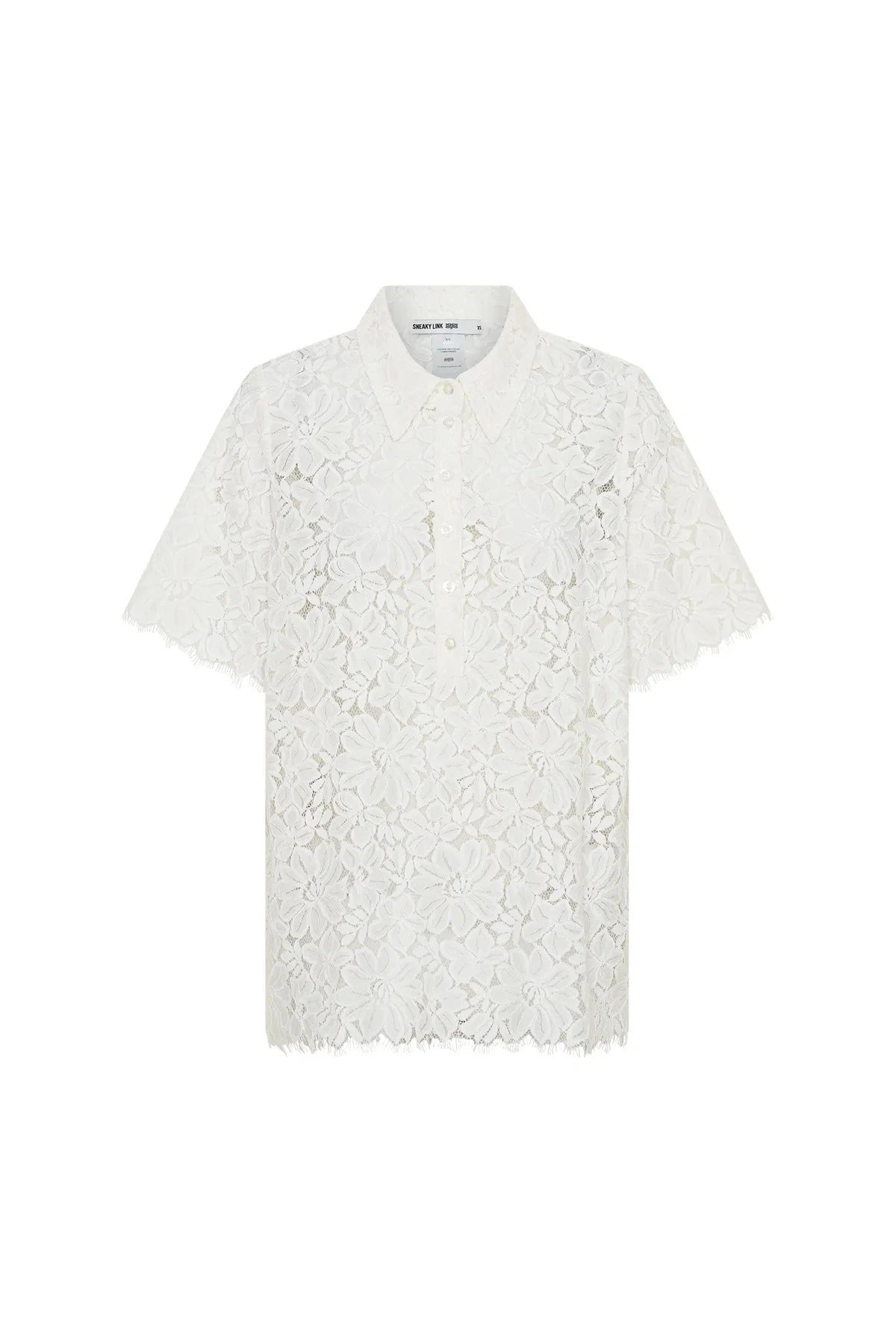 Jaz Hand Lace V Neck Shirt White by Sneaky Link, a breezy collared lace shirt with a V neckline. Perfect for summer layering or sets.
