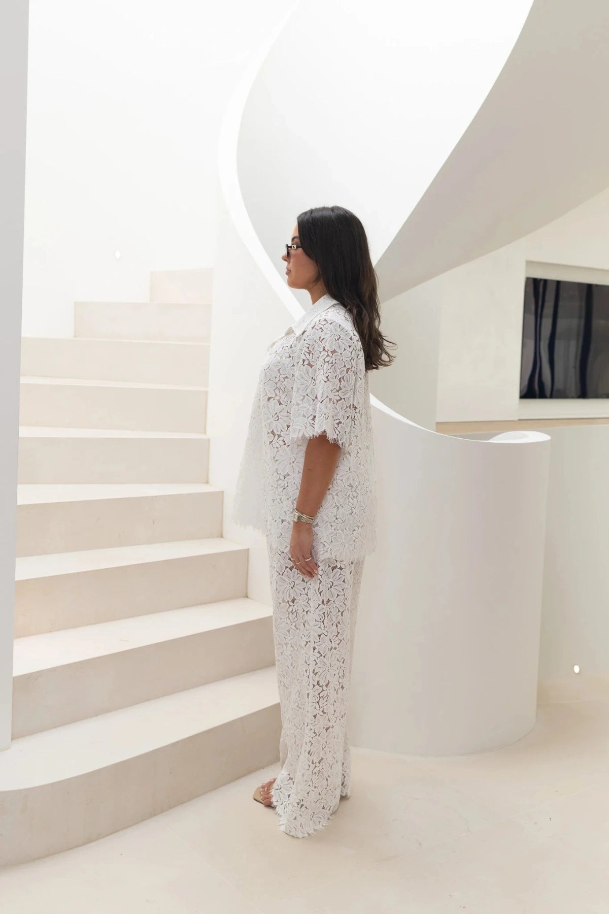 Jaz Hand Lace V Neck Shirt White by Sneaky Link, a breezy collared lace shirt with a V neckline. Perfect for summer layering or sets.
