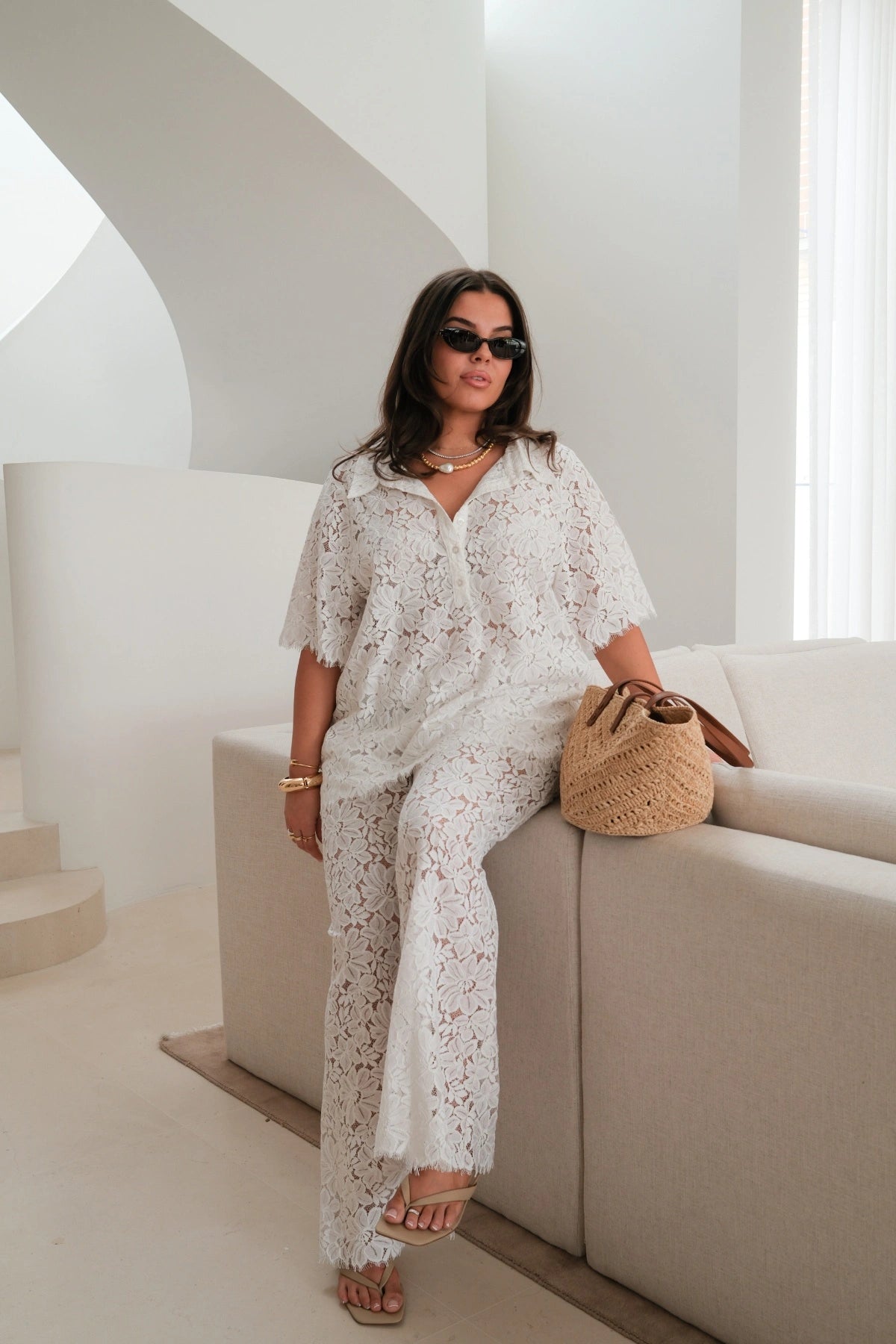 Jaz Hand Lace V Neck Shirt White by Sneaky Link, a collared lace shirt with V neckline and relaxed fit. Perfect for warm-weather layering.
