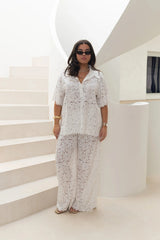 Jaz Hand Lace V Neck Shirt White by Sneaky Link, a breezy collared lace shirt with a V neckline. Perfect for summer layering or sets.
