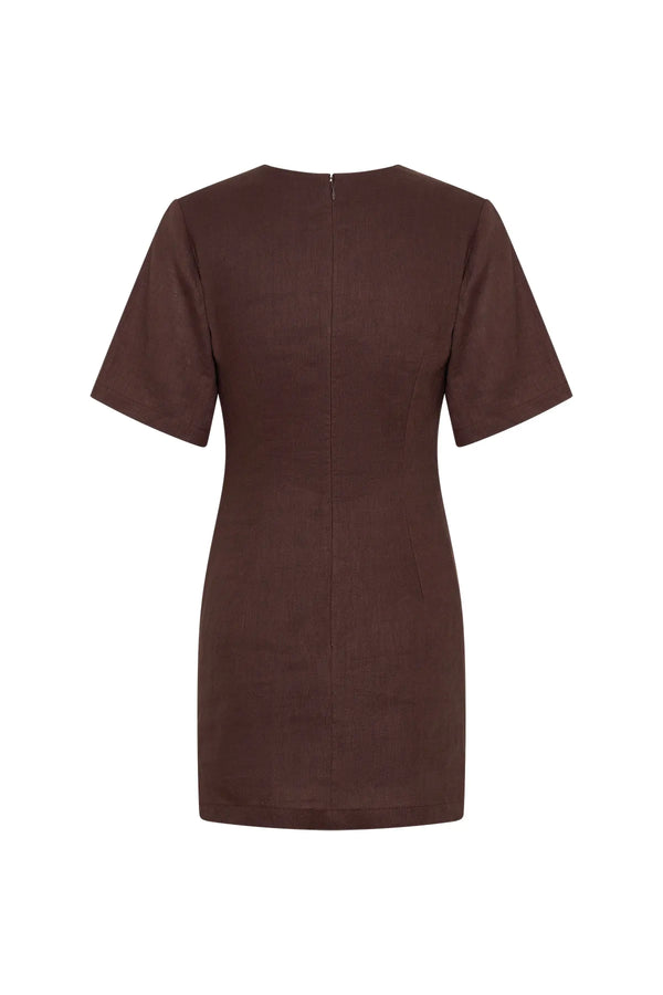 Jaz Hand Linen Ruched Mini Dress Chocolate by Sneaky Link – a fitted linen mini with V-neck and ruching. Perfect for day-to-night styling.