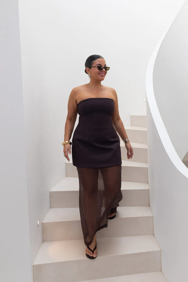 Jaz Hand Organza Sheer Skirt Chocolate by Sneaky Link – a sheer midi skirt for layering. Perfect for elevated styling.