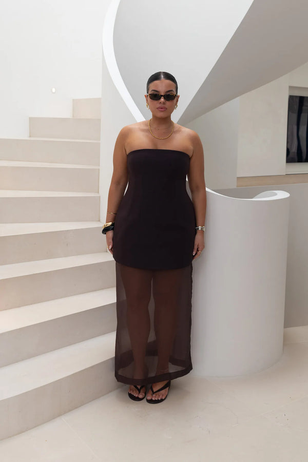 Jaz Hand Organza Sheer Skirt Chocolate by Sneaky Link – a sheer midi skirt for layering. Perfect for elevated styling.