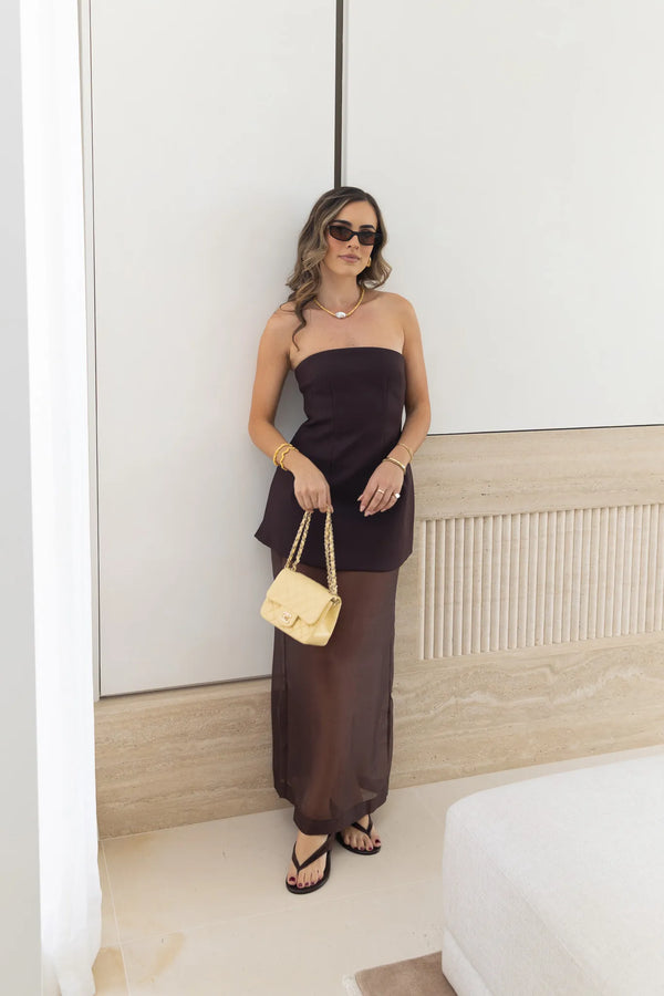 Jaz Hand Organza Sheer Skirt Chocolate by Sneaky Link – a sheer midi skirt for layering. Perfect for elevated styling.