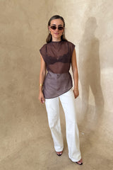 Jaz Hand Organza Sheer Top Chocolate by Sneaky Link – an asymmetrical sheer top with tie back. Perfect for elevated styling.