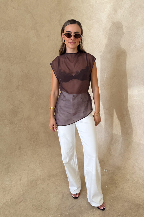 Jaz Hand Organza Sheer Top Chocolate by Sneaky Link – an asymmetrical sheer top with tie back. Perfect for elevated styling.