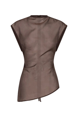 Jaz Hand Organza Sheer Top Chocolate by Sneaky Link – an asymmetrical sheer top with tie back. Perfect for elevated styling.