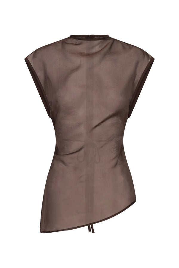 Jaz Hand Organza Sheer Top Chocolate by Sneaky Link – an asymmetrical sheer top with tie back. Perfect for elevated styling.