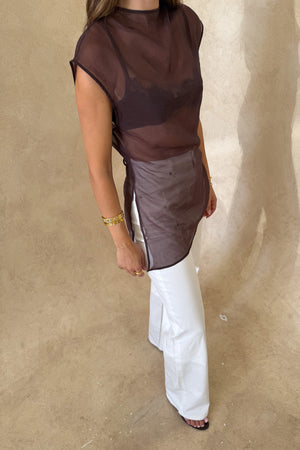 Jaz Hand Organza Sheer Top Chocolate by Sneaky Link – an asymmetrical sheer top with tie back. Perfect for elevated styling.
