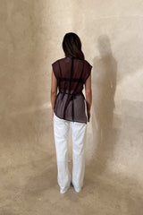Jaz Hand Organza Sheer Top Chocolate by Sneaky Link – an asymmetrical sheer top with tie back. Perfect for elevated styling.